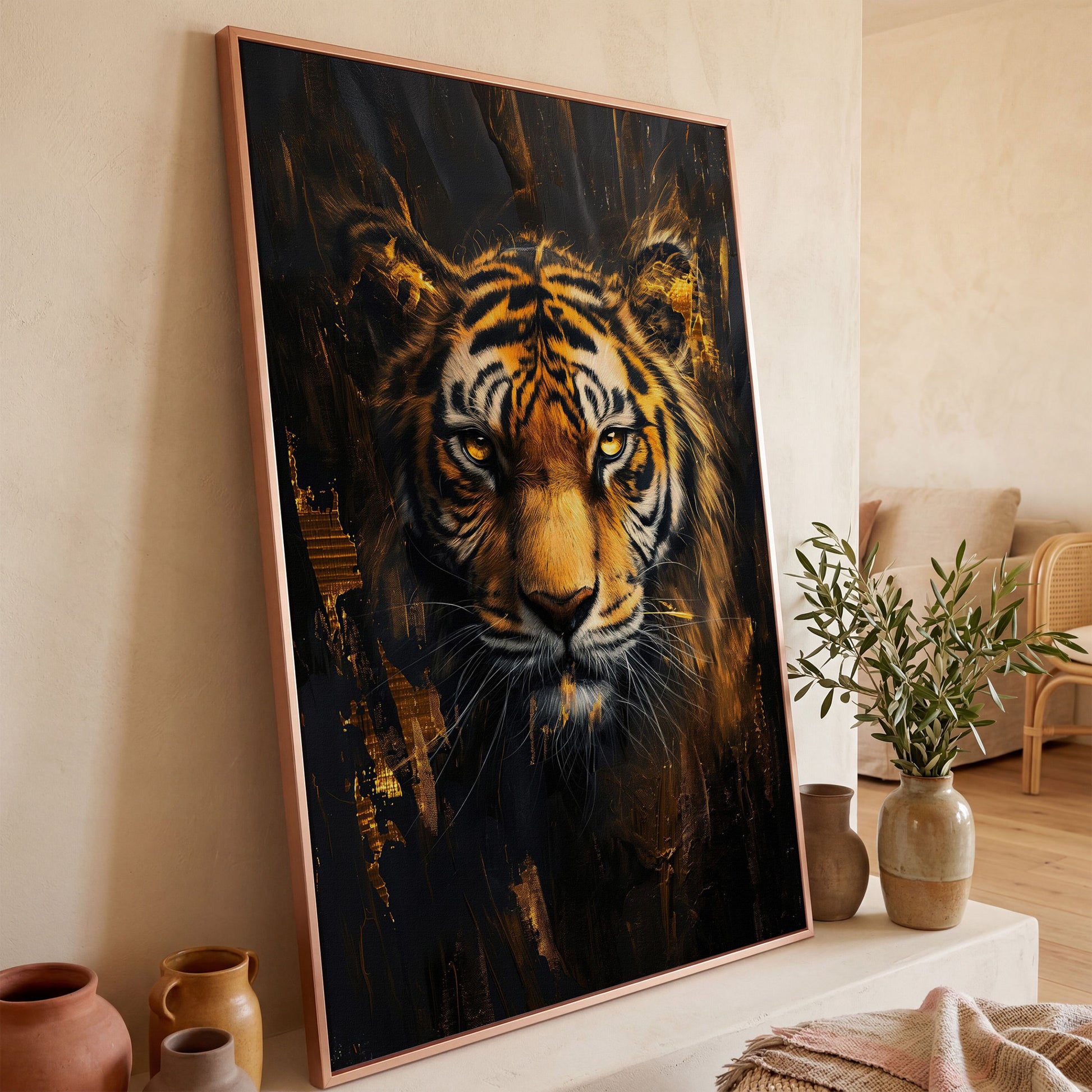 Golden Tiger Close-Up Canvas Print in rose gold floating frame