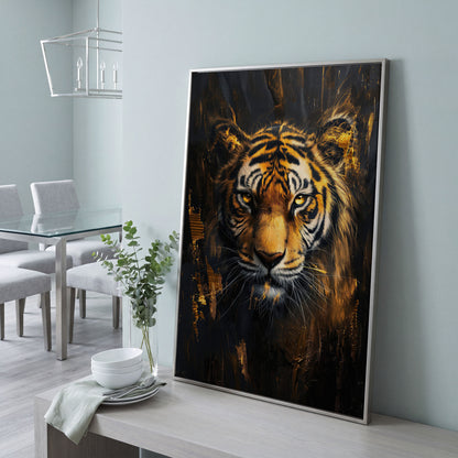 Golden Tiger Close-Up Canvas Print in silver floating frame