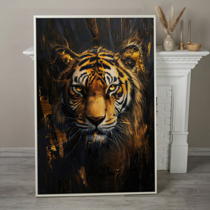 Golden Tiger Close-Up Canvas Print in white floating frame