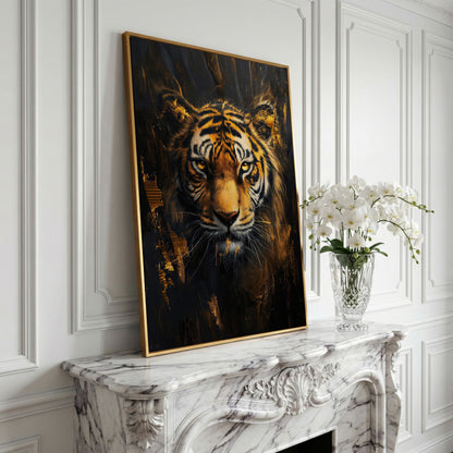 Golden Tiger Close-Up Canvas Print in yellow gold floating frame