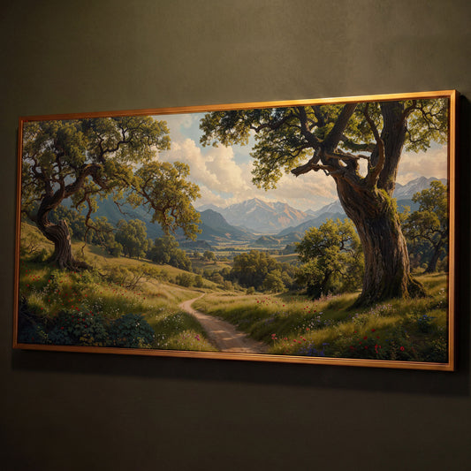 Sunny Mountain Valley Pathway Canvas shown in antique gold floating frame