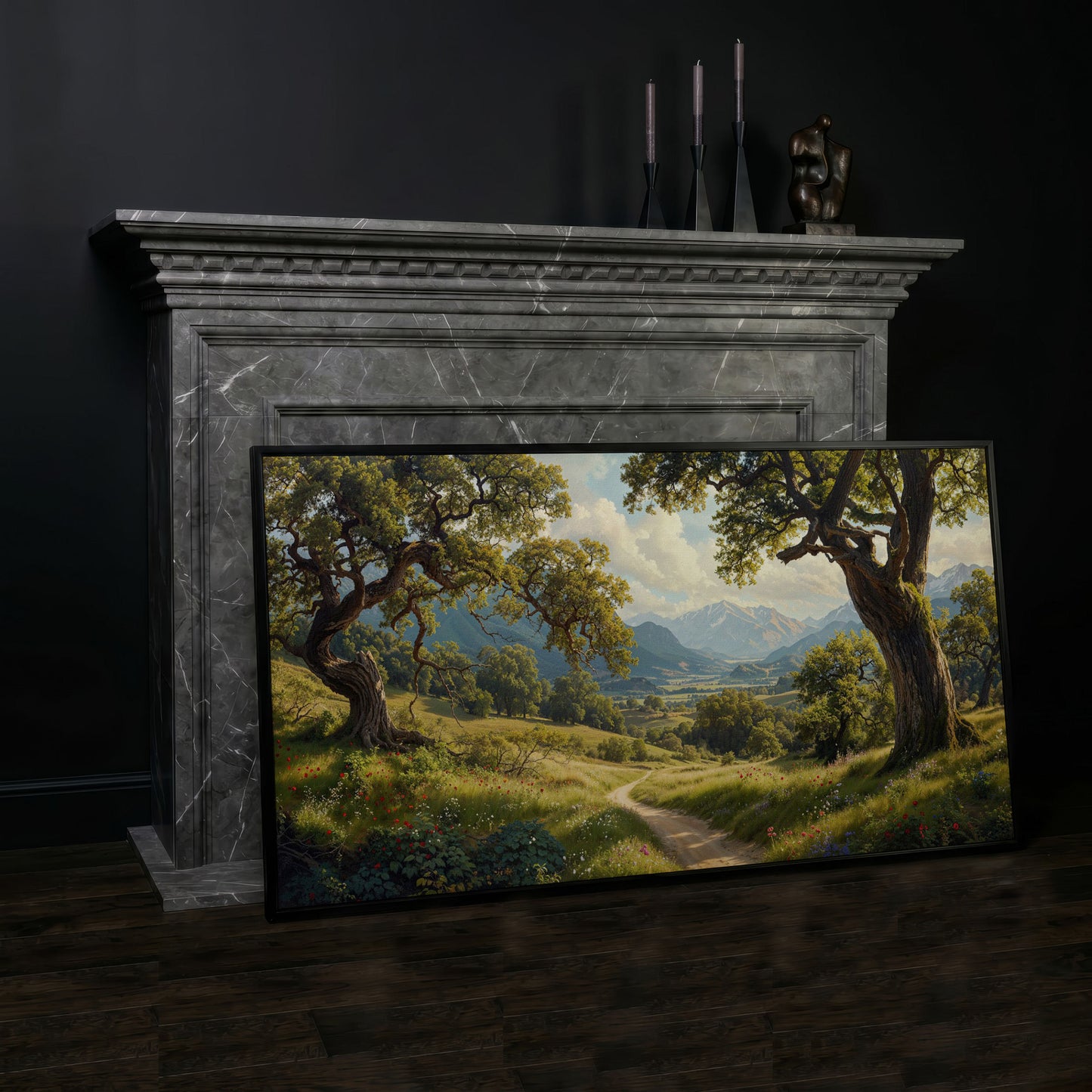 Sunny Mountain Valley Pathway Canvas in black floating frame