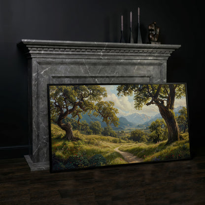 Sunny Mountain Valley Pathway Canvas in black floating frame