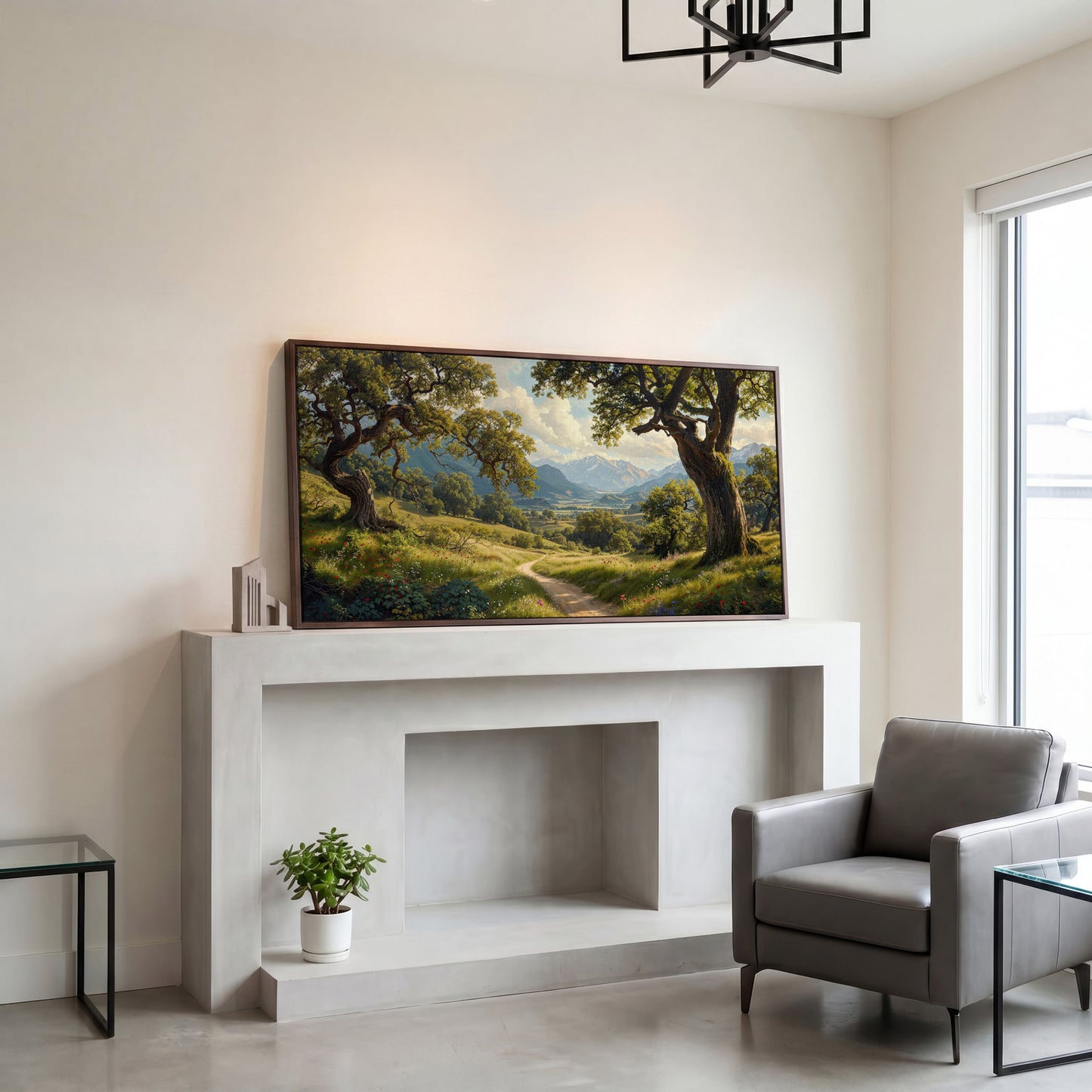 Sunny Mountain Valley Pathway Canvas in dark walnut floating frame