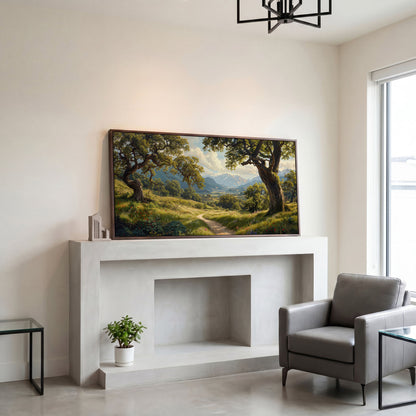Sunny Mountain Valley Pathway Canvas in dark walnut floating frame