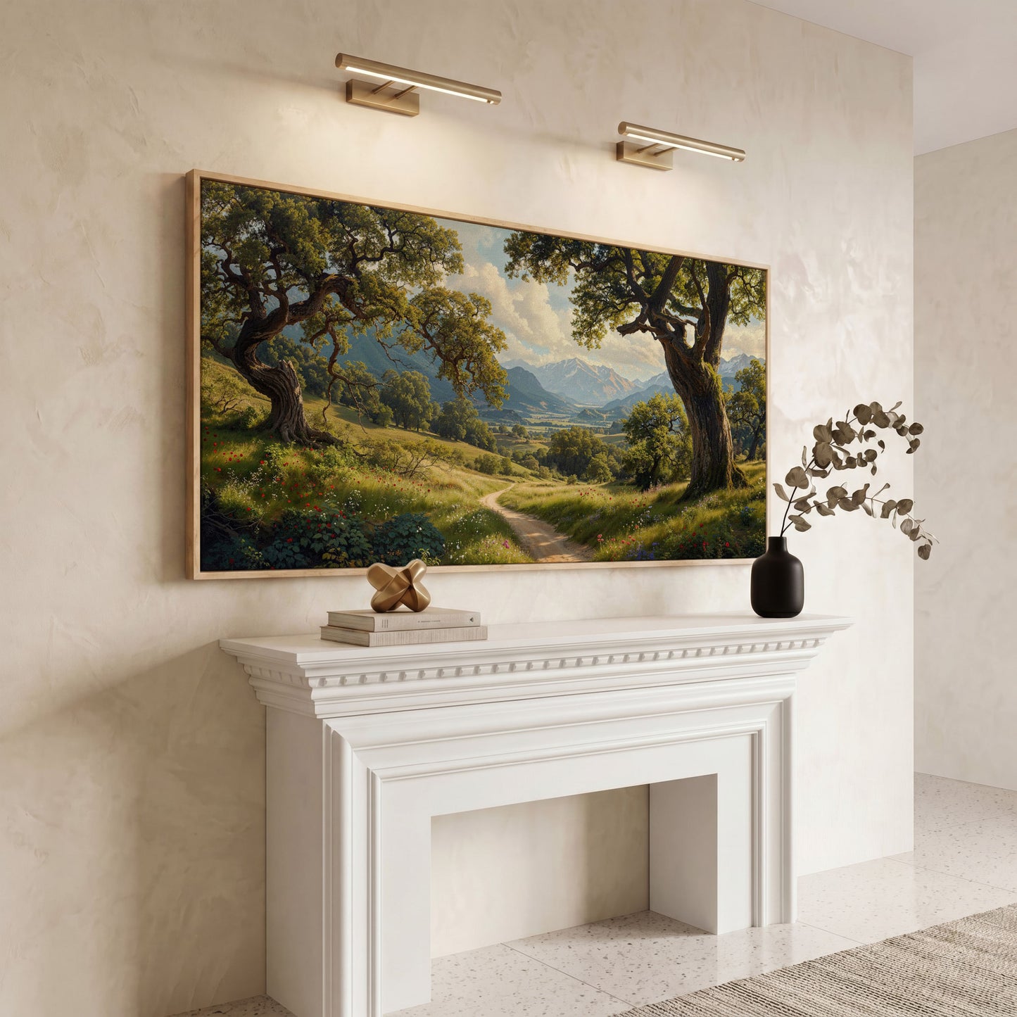 Sunny Mountain Valley Pathway Canvas in white oak floating frame
