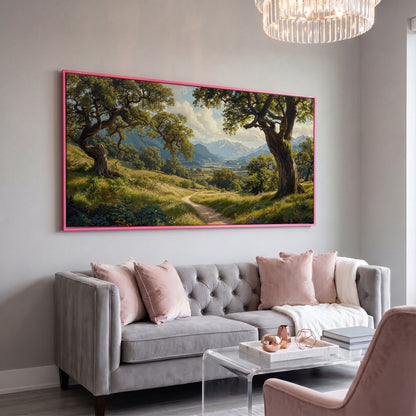 Sunny Mountain Valley Pathway Canvas in pink floating frame