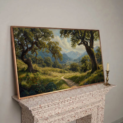 Sunny Mountain Valley Pathway Canvas in rose gold floating frame