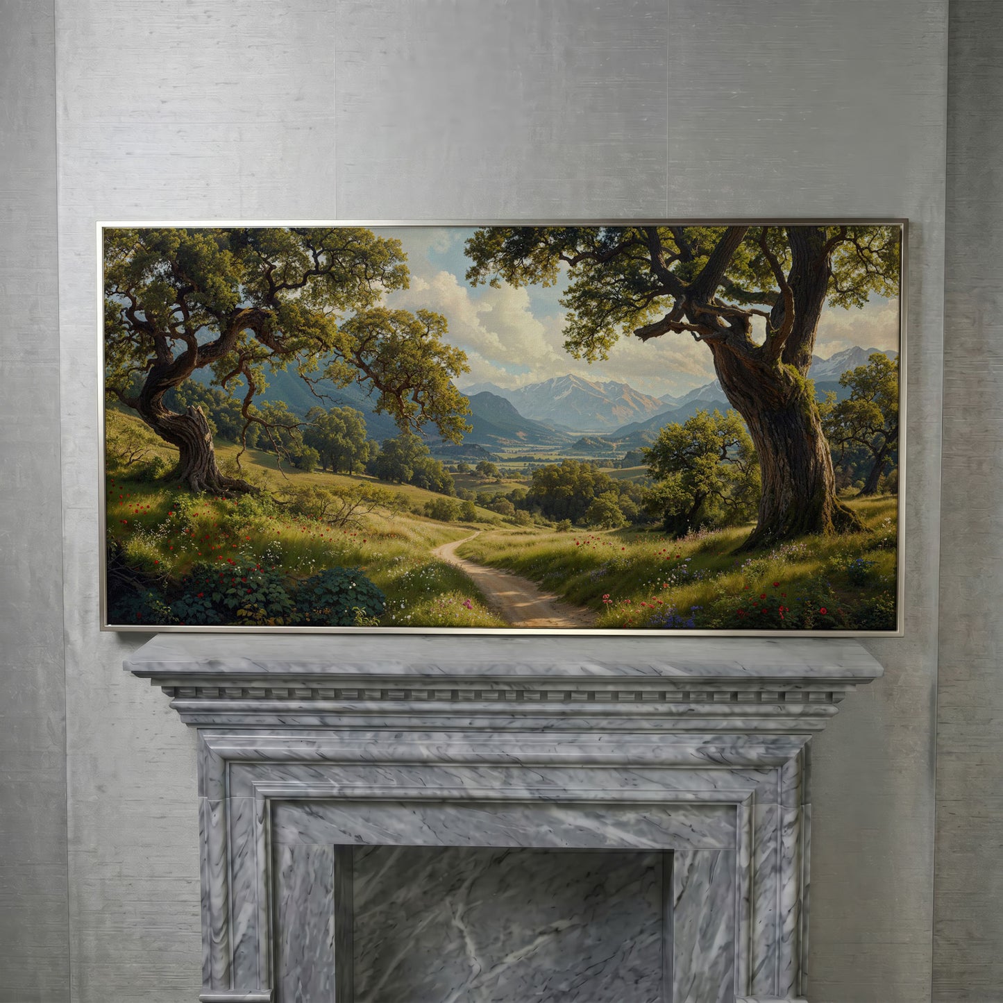 Sunny Mountain Valley Pathway Canvas in silver floating frame