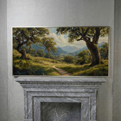 Sunny Mountain Valley Pathway Canvas in silver floating frame