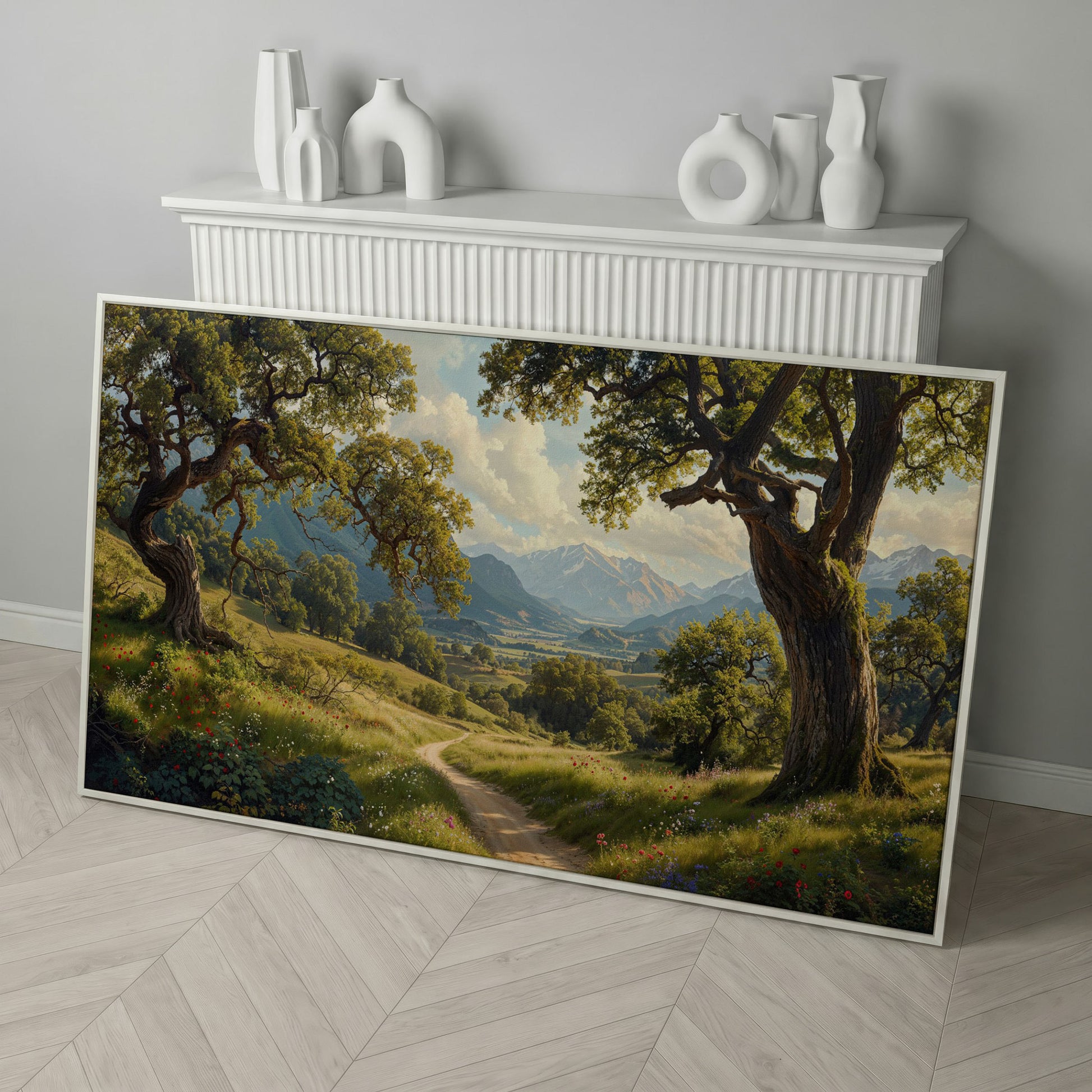 Sunny Mountain Valley Pathway Canvas in white floating frame