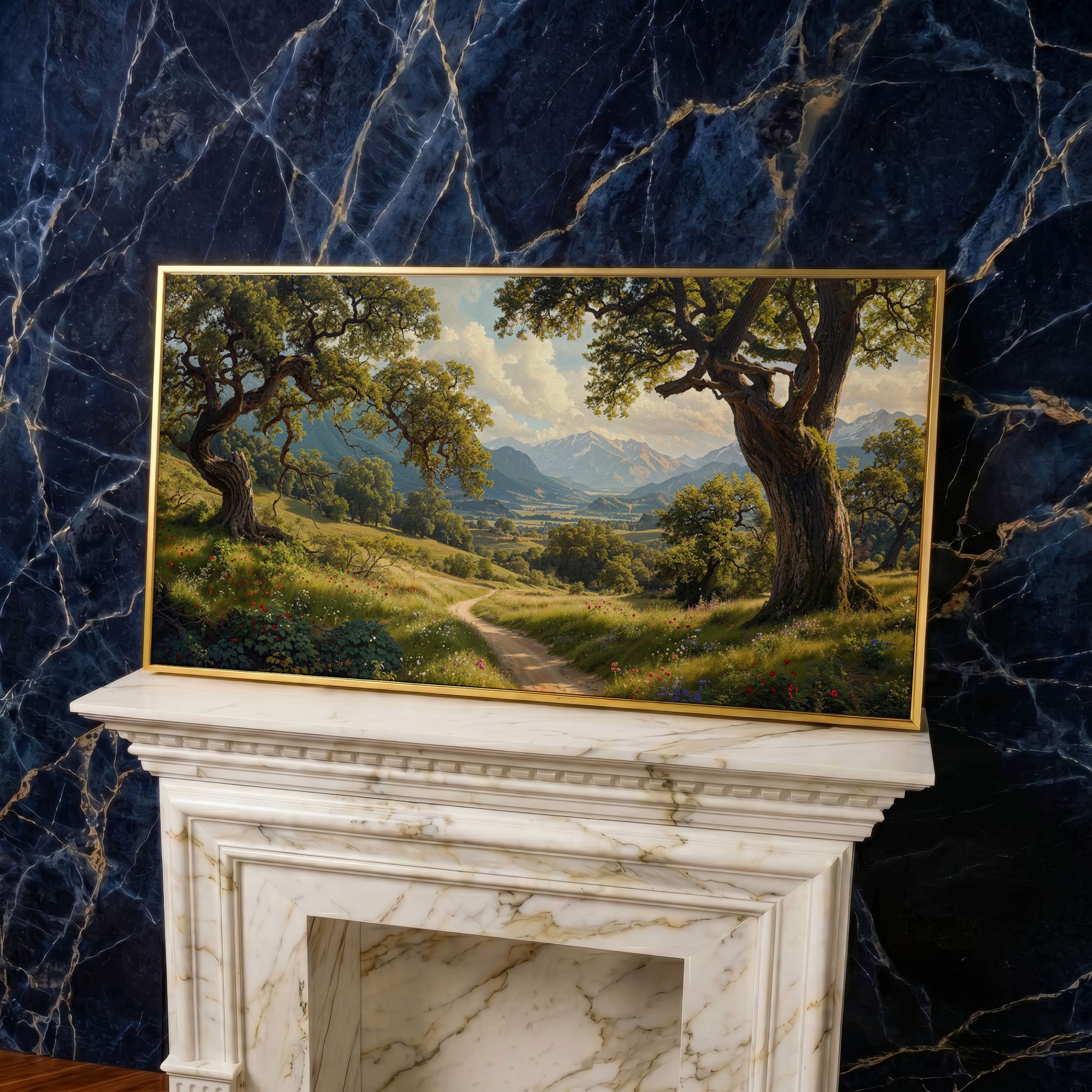 Sunny Mountain Valley Pathway Canvas in yellow gold floating frame