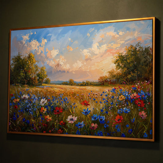Wildflower Meadow Canvas Print shown in antique gold floating frame