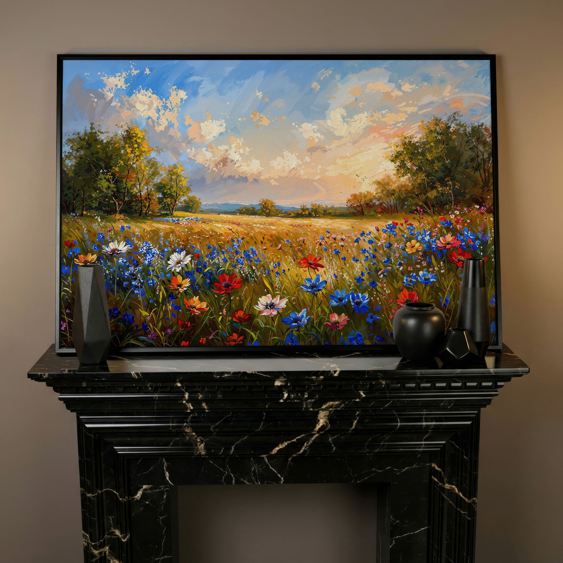 Wildflower Meadow Canvas Print in black floating frame