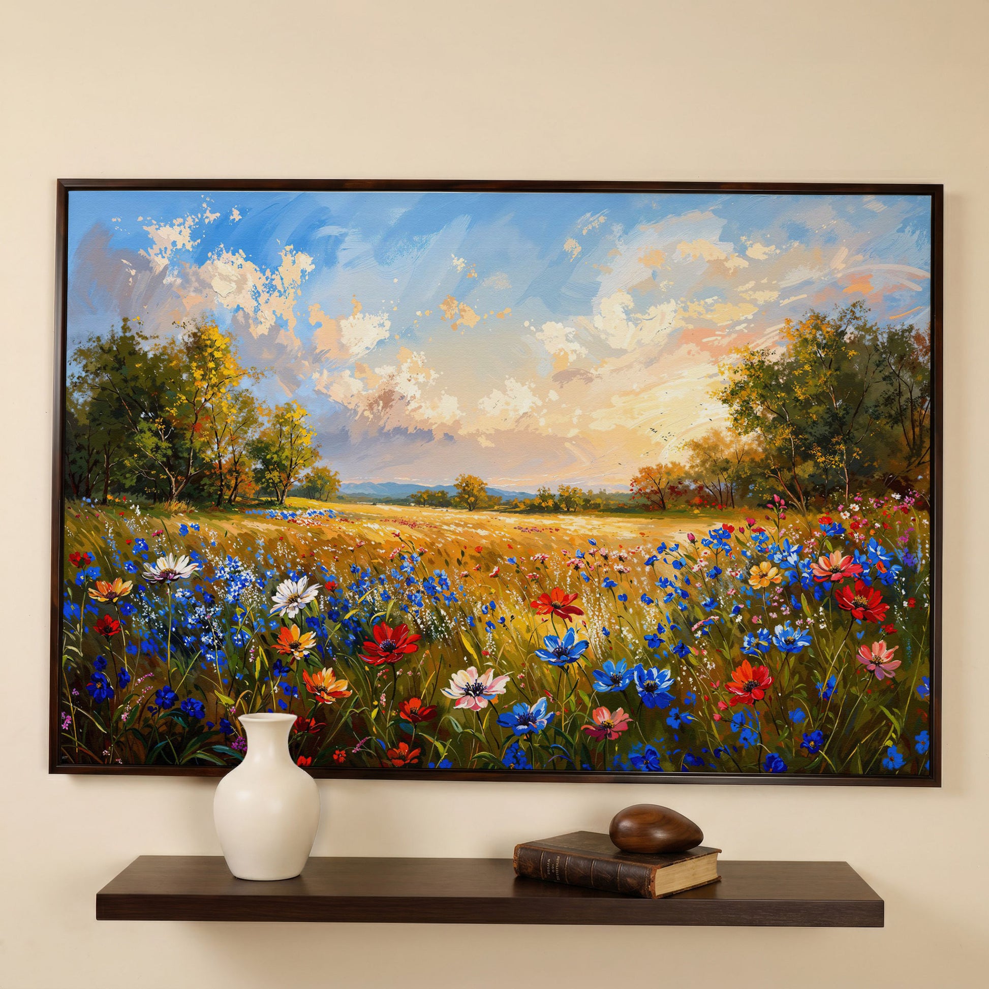 Wildflower Meadow Canvas Print in dark walnut floating frame