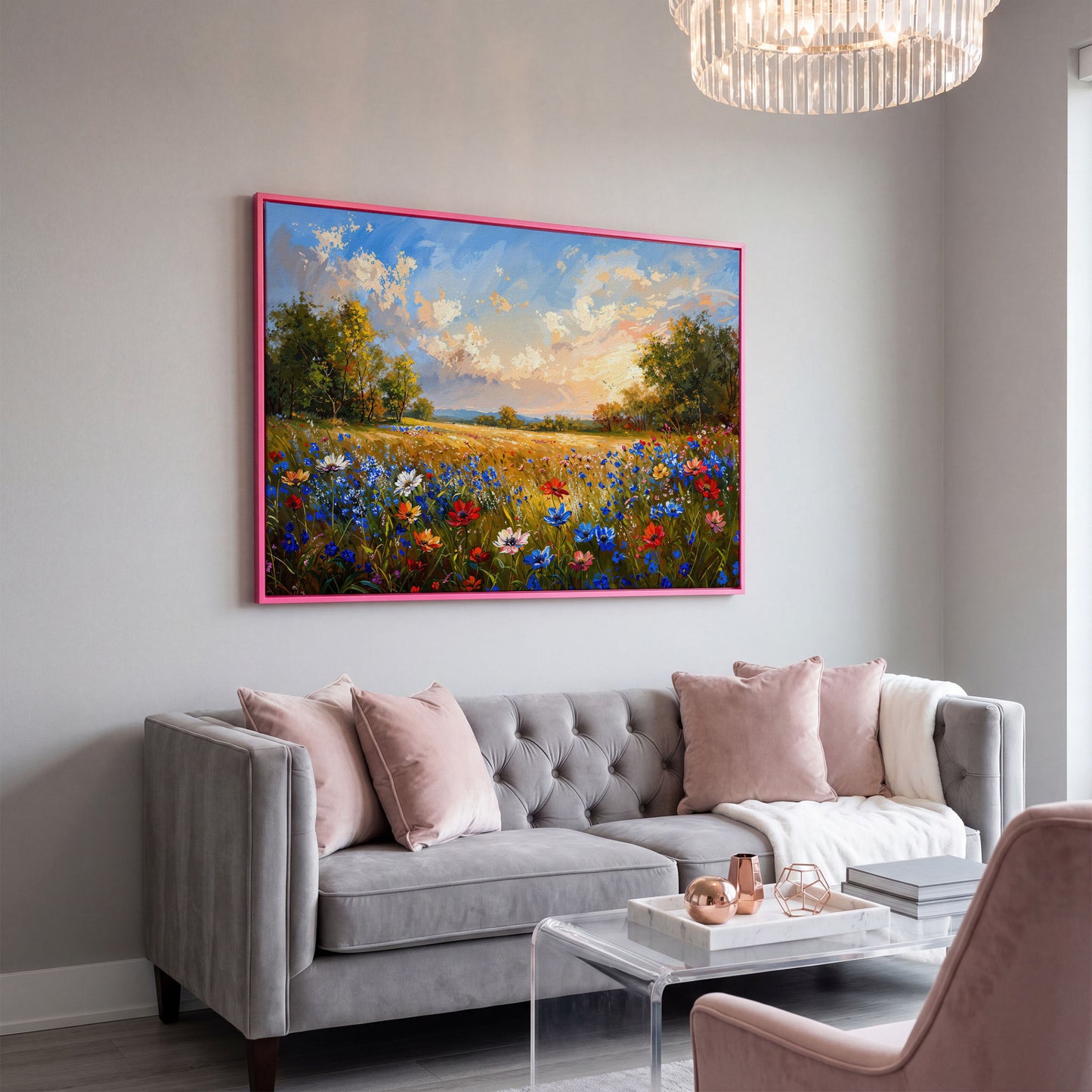 Wildflower Meadow Canvas Print in pink floating frame
