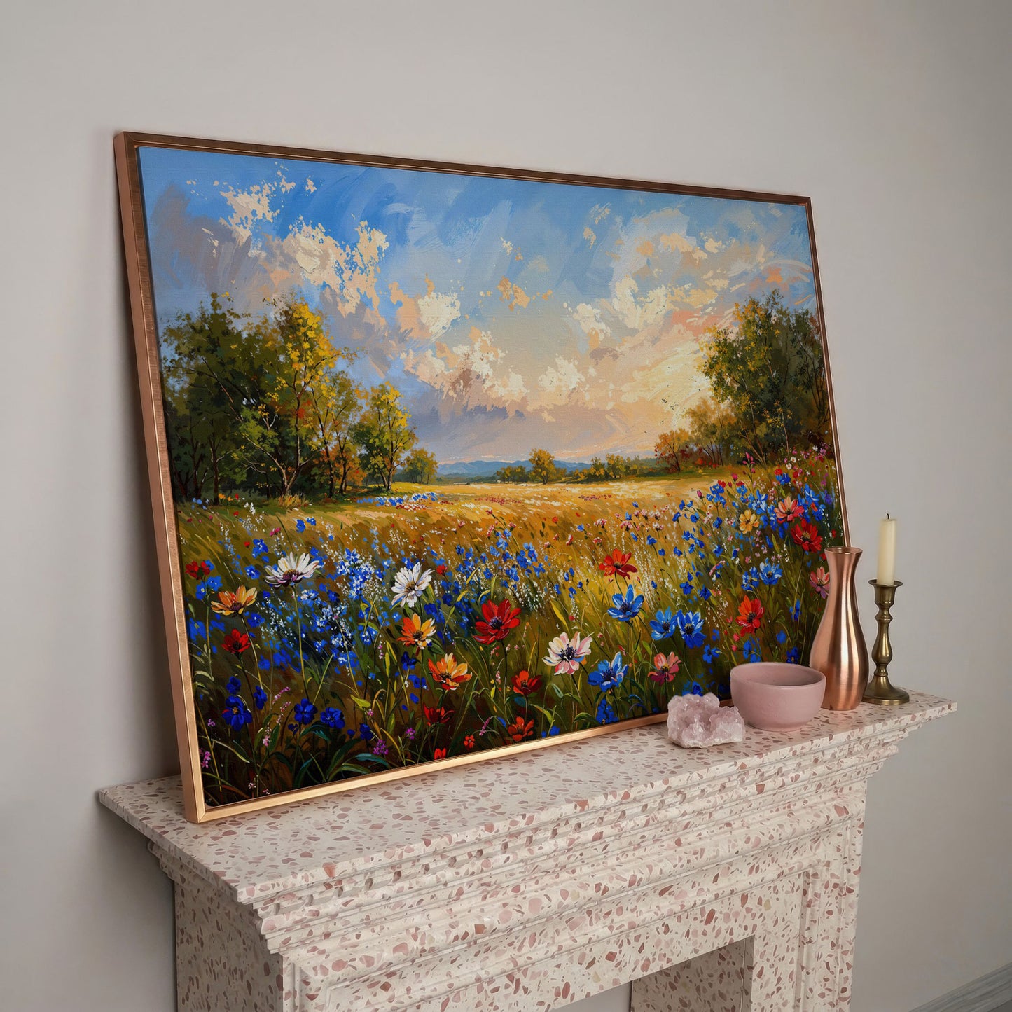 Wildflower Meadow Canvas Print in rose gold floating frame