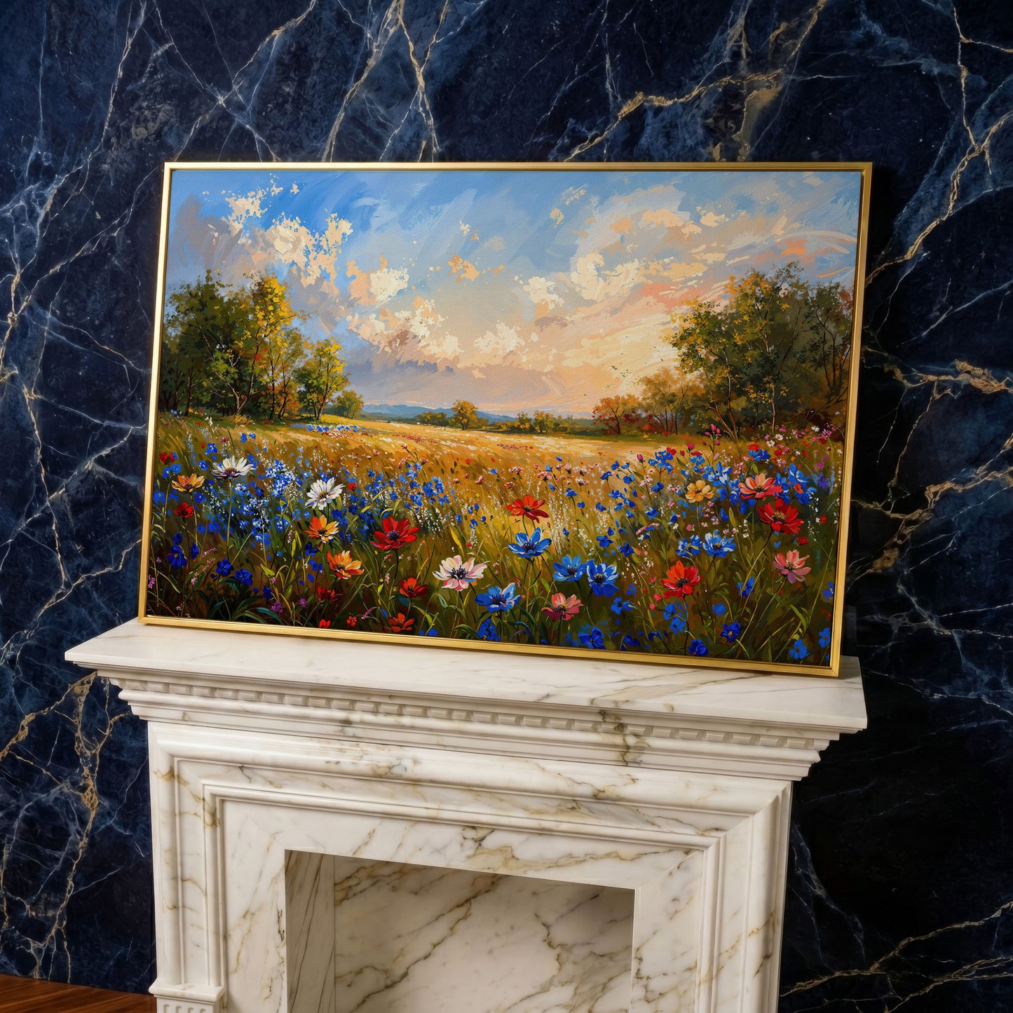 Wildflower Meadow Canvas Print in yellow gold floating frame