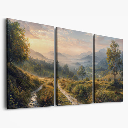 Misty Mountain Valley Panoramic Canvas as 3-panel split version