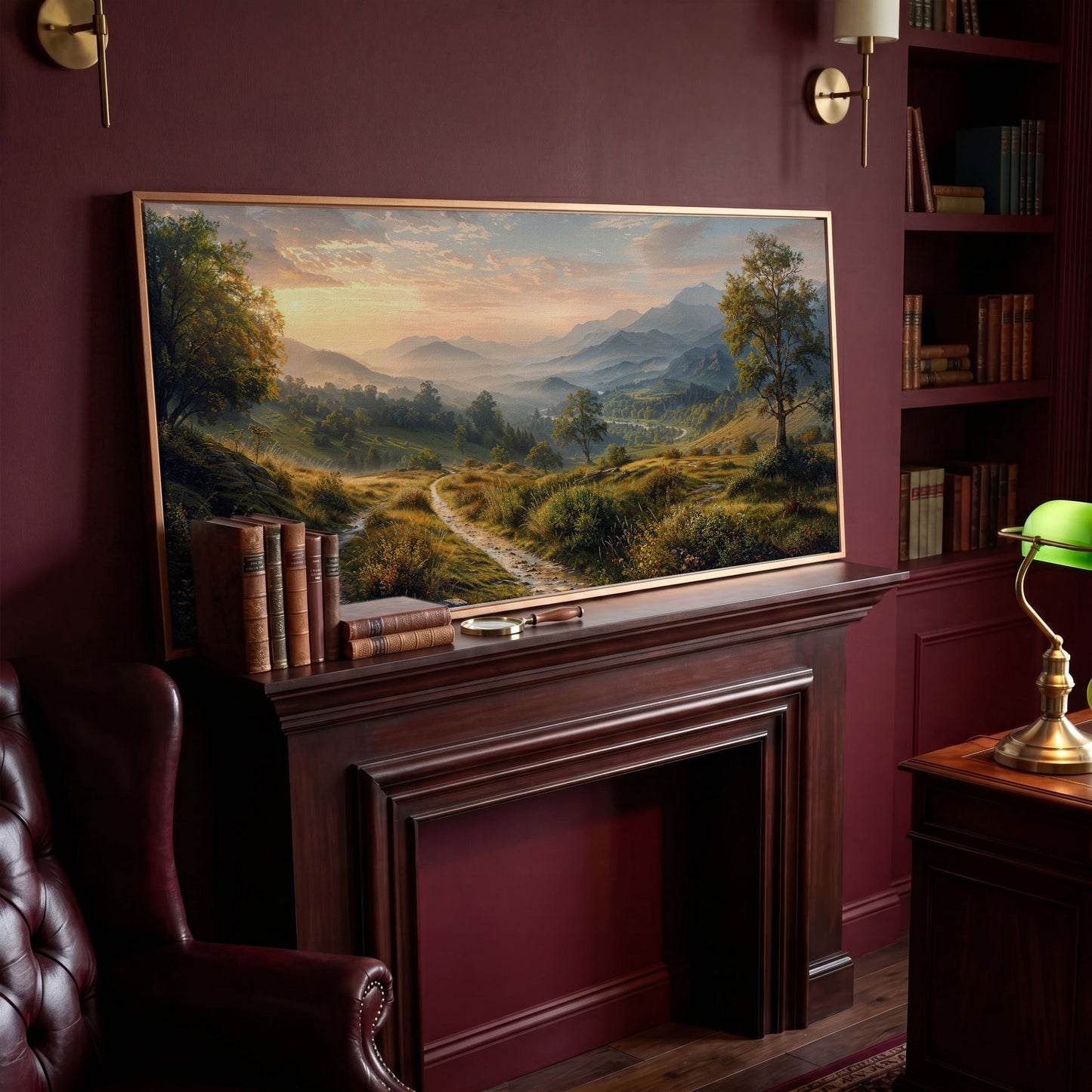 Misty Mountain Valley Panoramic Canvas in antique gold floating frame