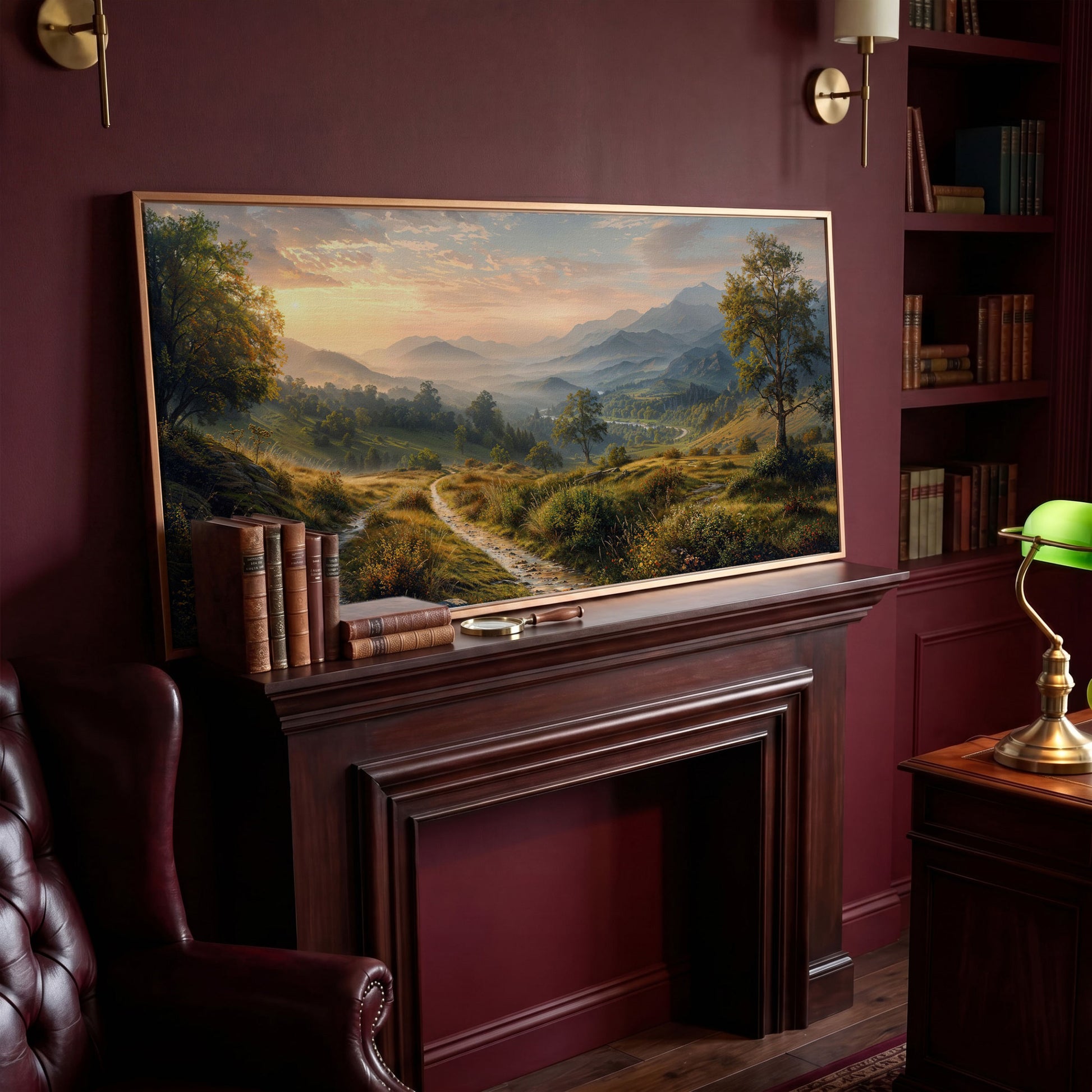 Misty Mountain Valley Panoramic Canvas in antique gold floating frame