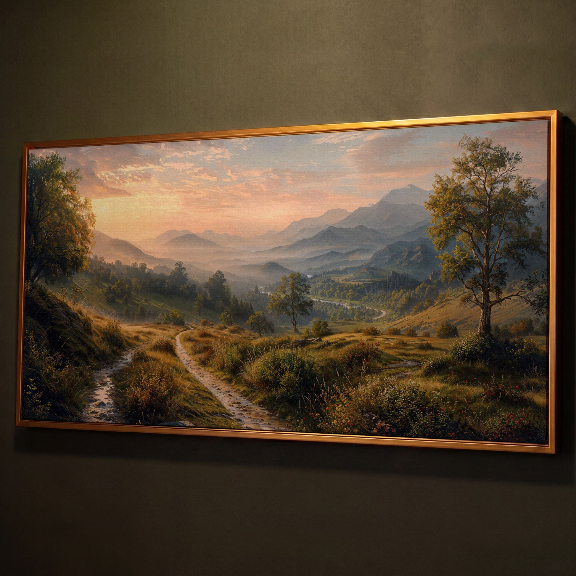 Misty Mountain Valley Panoramic Canvas shown in antique gold floating frame