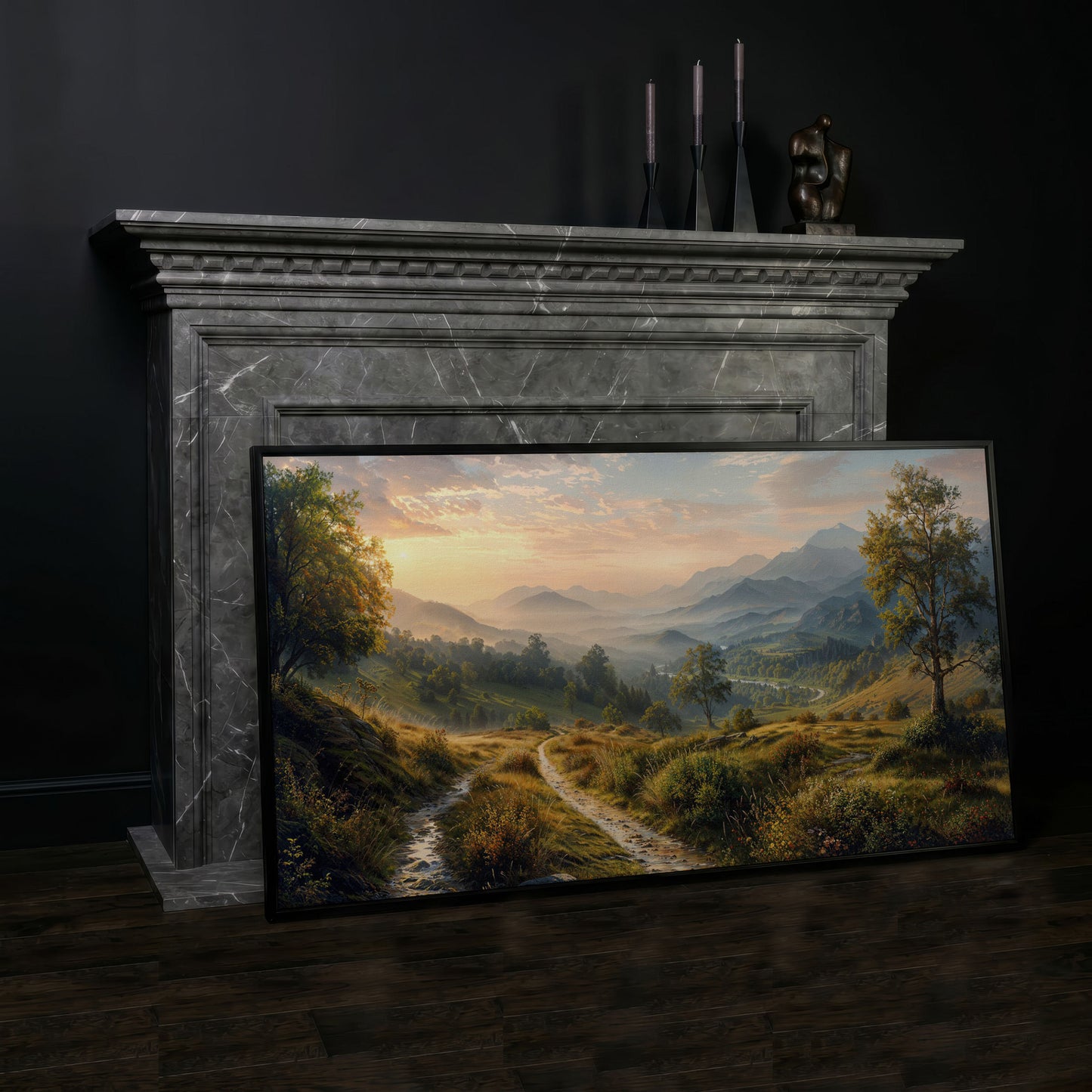 Misty Mountain Valley Panoramic Canvas in black floating frame