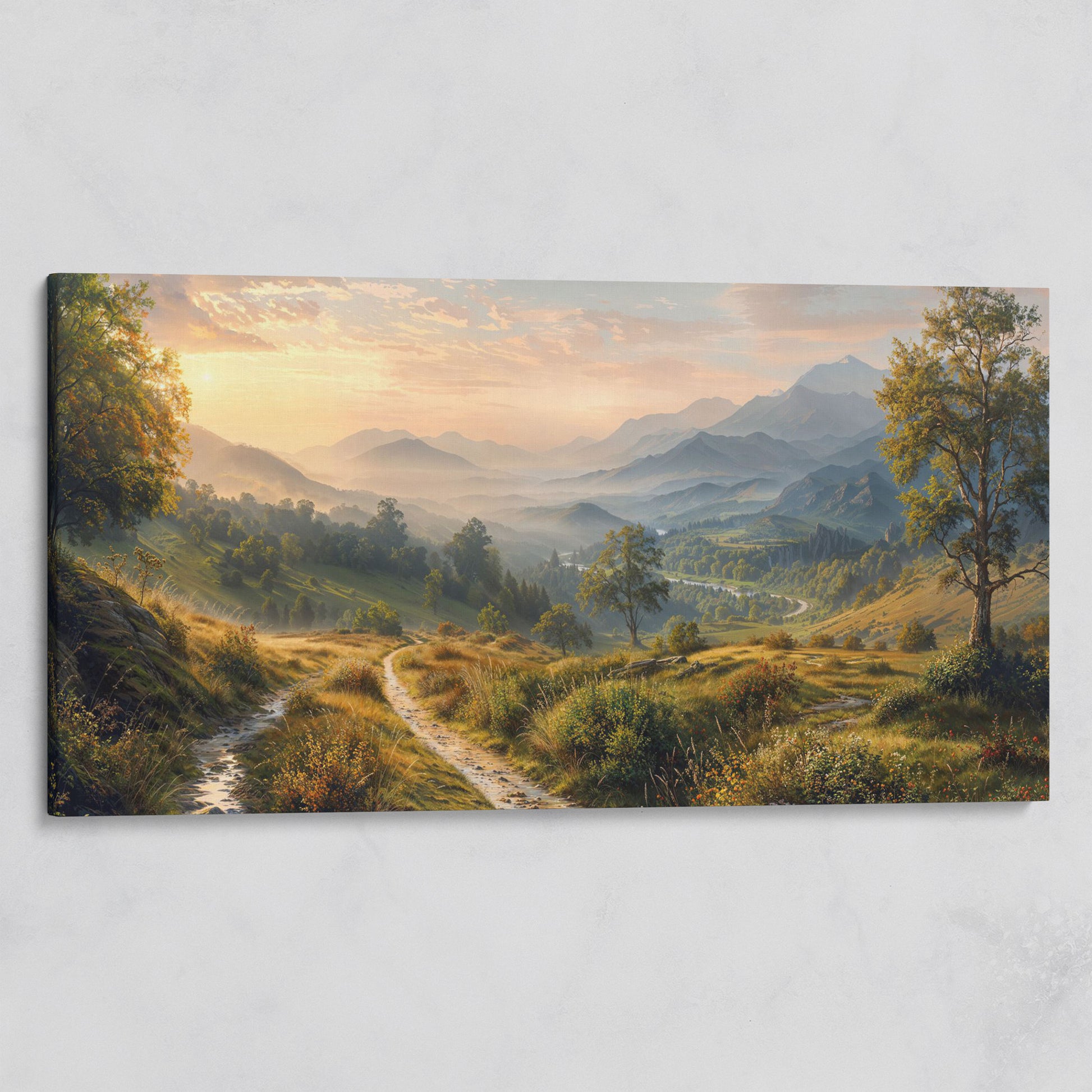 Misty Mountain Valley Panoramic Canvas on gallery wrap
