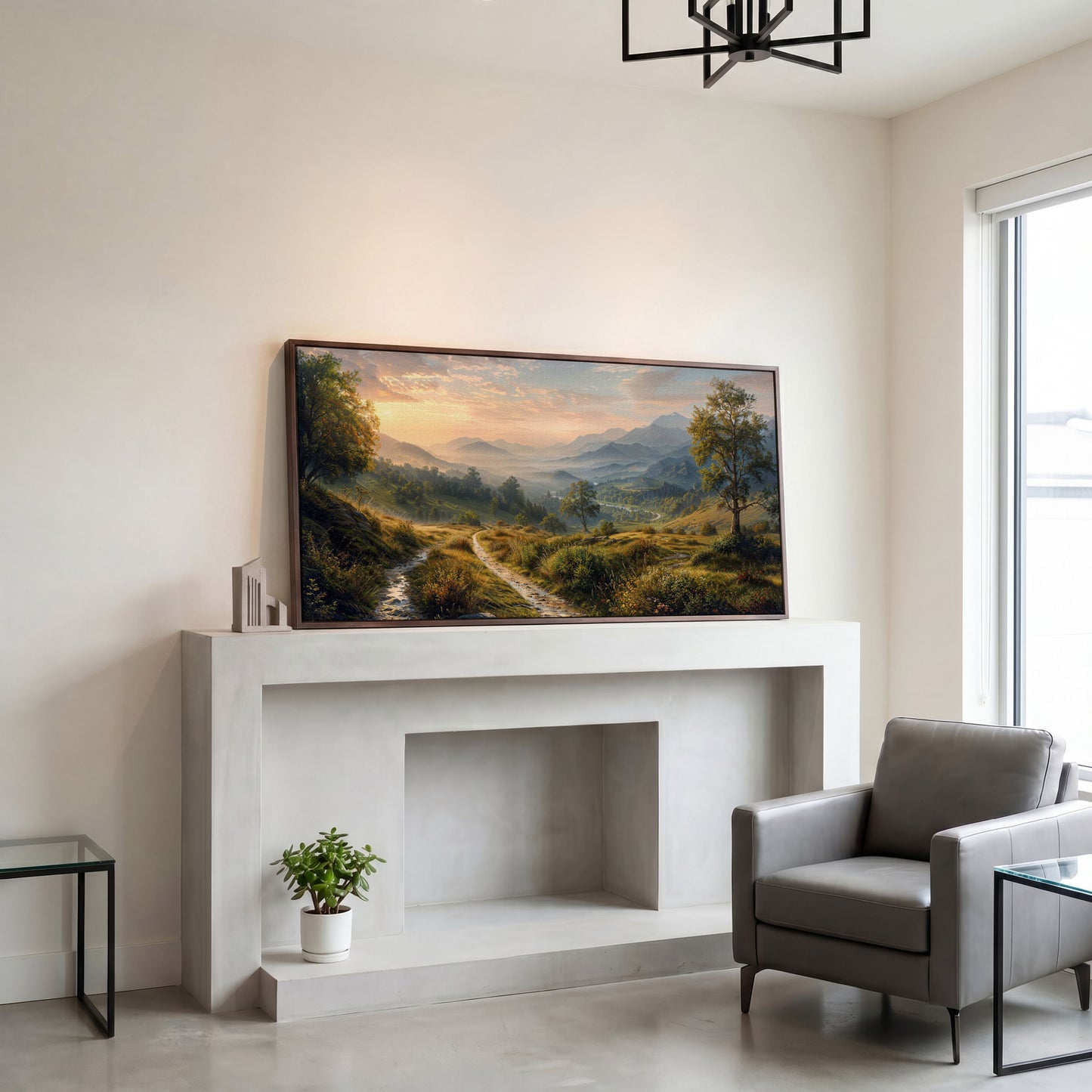 Misty Mountain Valley Panoramic Canvas in dark walnut floating frame