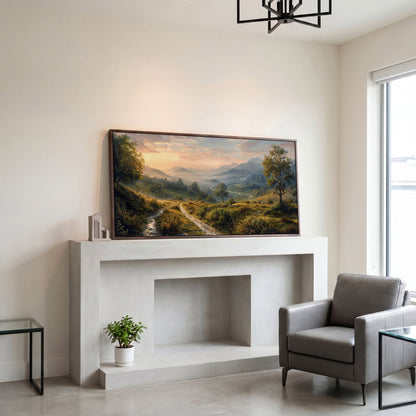 Misty Mountain Valley Panoramic Canvas in dark walnut floating frame