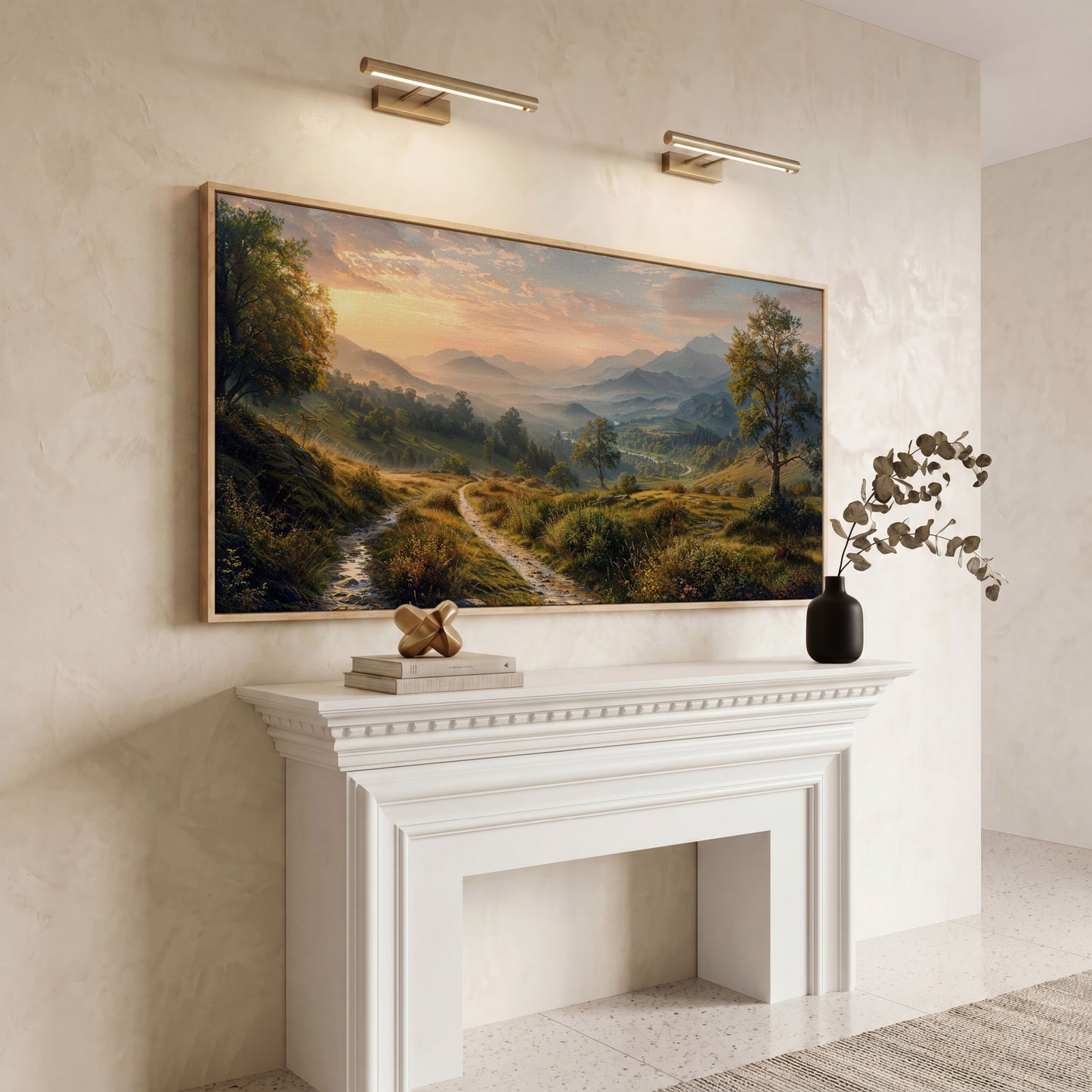 Misty Mountain Valley Panoramic Canvas in white oak floating frame
