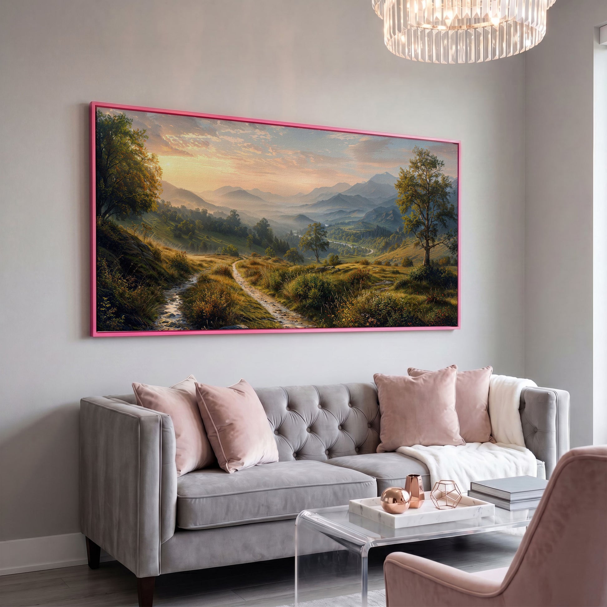 Misty Mountain Valley Panoramic Canvas in pink floating frame