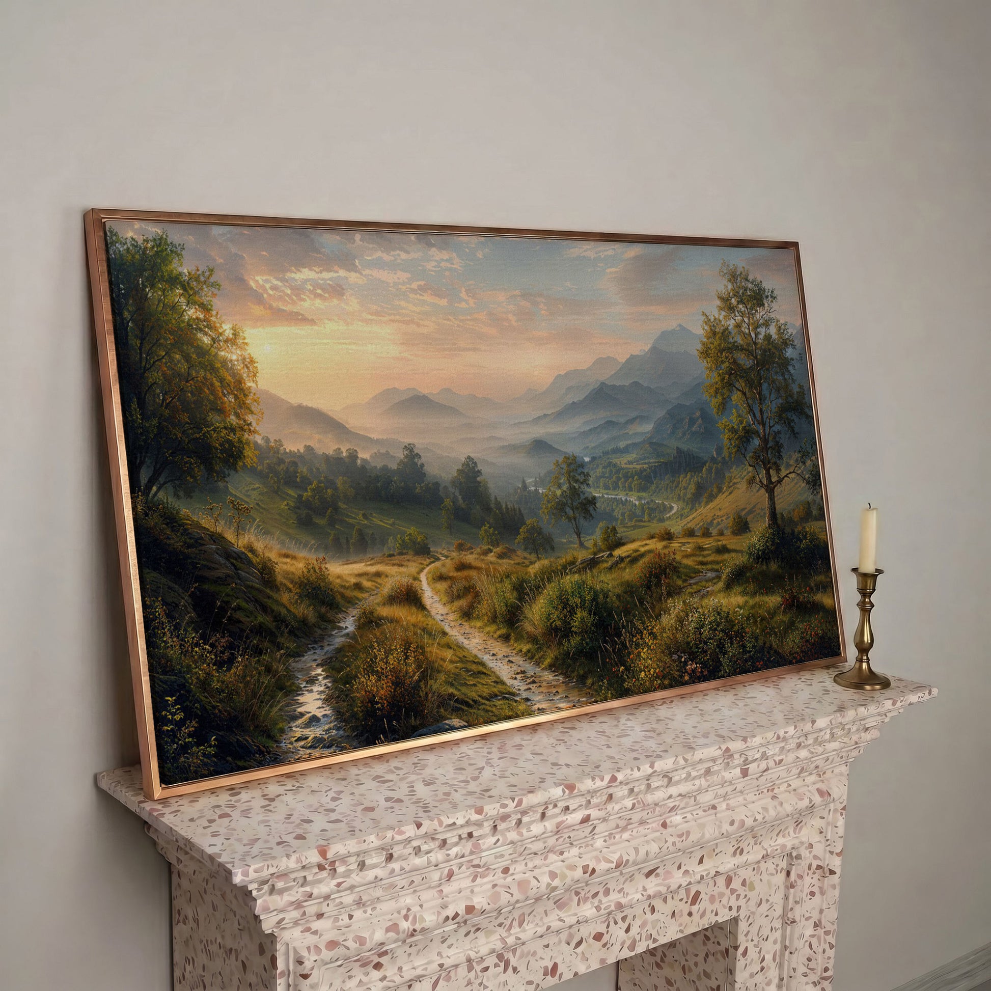 Misty Mountain Valley Panoramic Canvas in rose gold floating frame