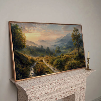 Misty Mountain Valley Panoramic Canvas in rose gold floating frame