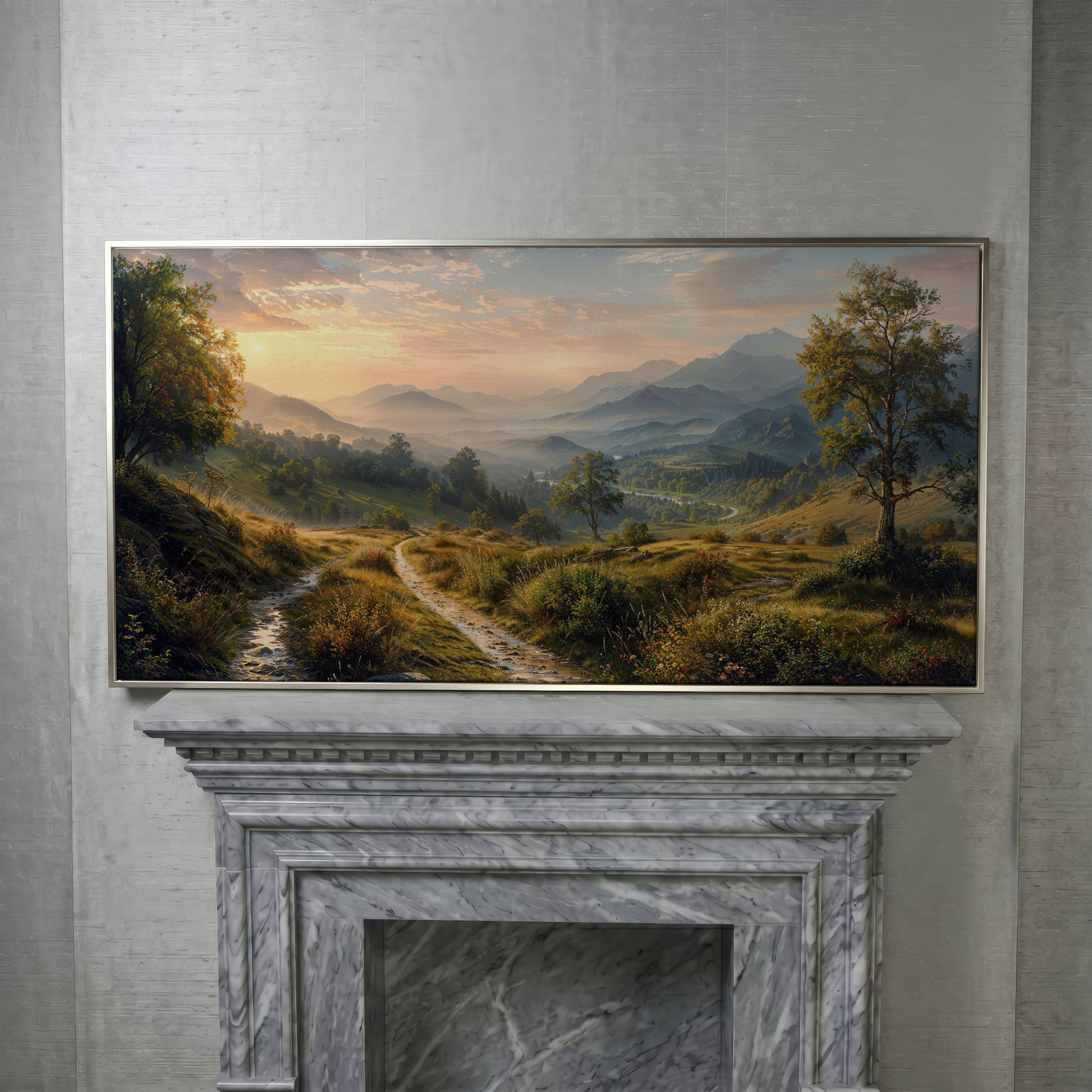 Misty Mountain Valley Panoramic Canvas in silver floating frame