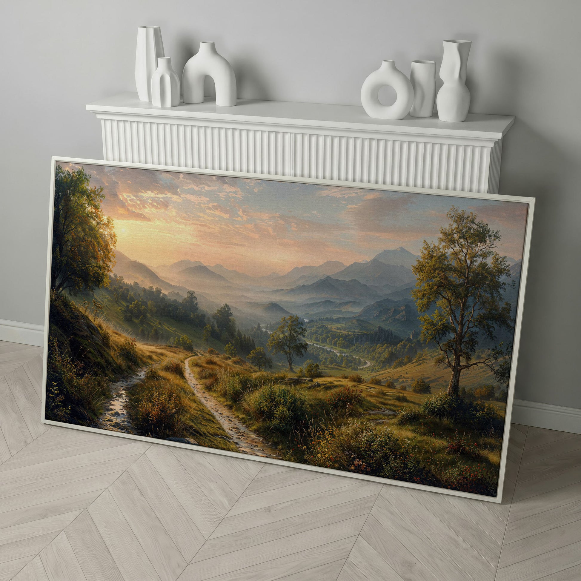 Misty Mountain Valley Panoramic Canvas in white floating frame