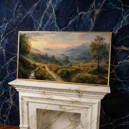 Misty Mountain Valley Panoramic Canvas in yellow gold floating frame