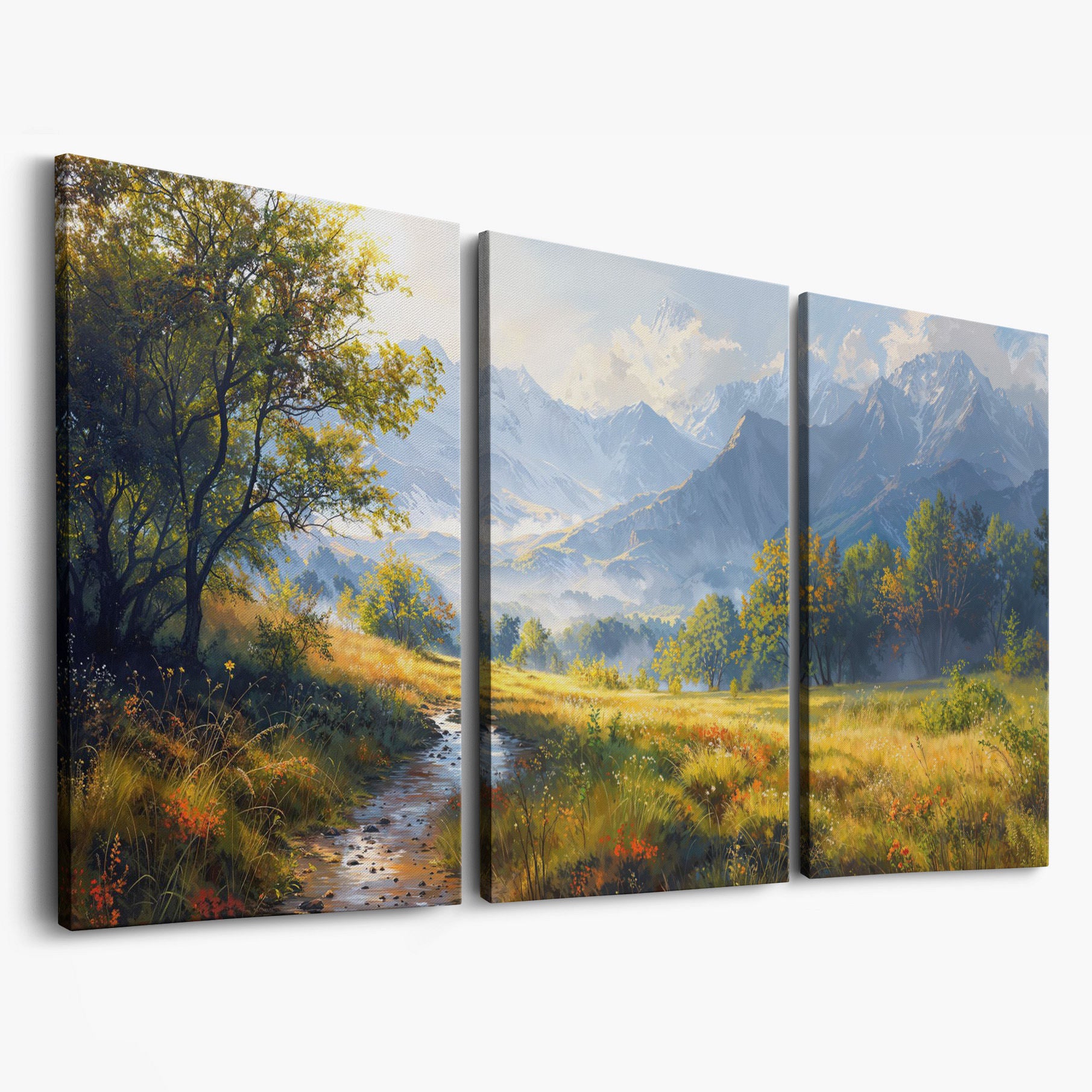 Mountain Landscape Canvas with Vibrant Meadow as 3-panel split version