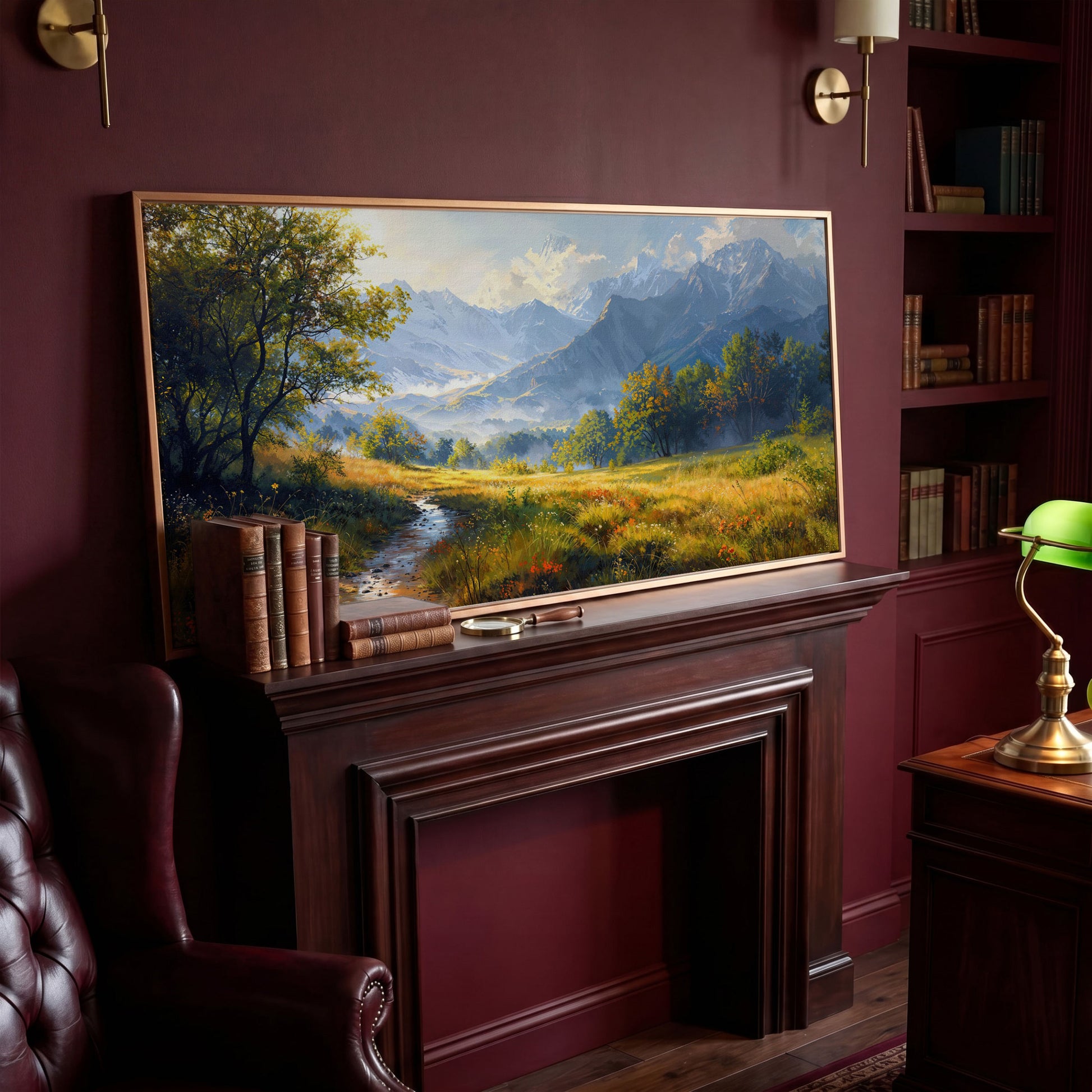 Mountain Landscape Canvas with Vibrant Meadow in antique gold floating frame