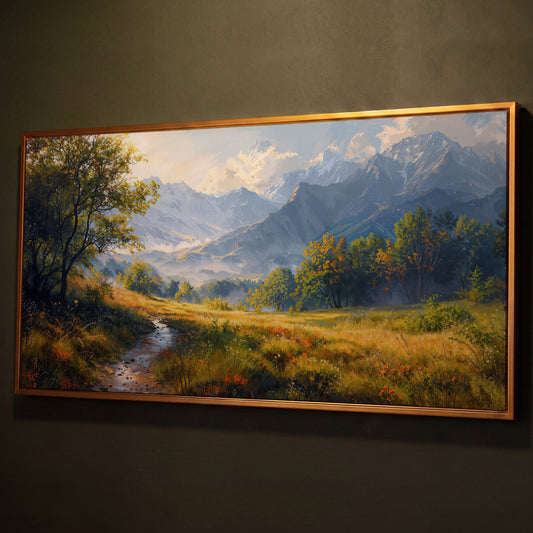 Mountain Landscape Canvas with Vibrant Meadow shown in antique gold floating frame