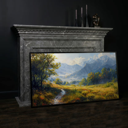 Mountain Landscape Canvas with Vibrant Meadow in black floating frame