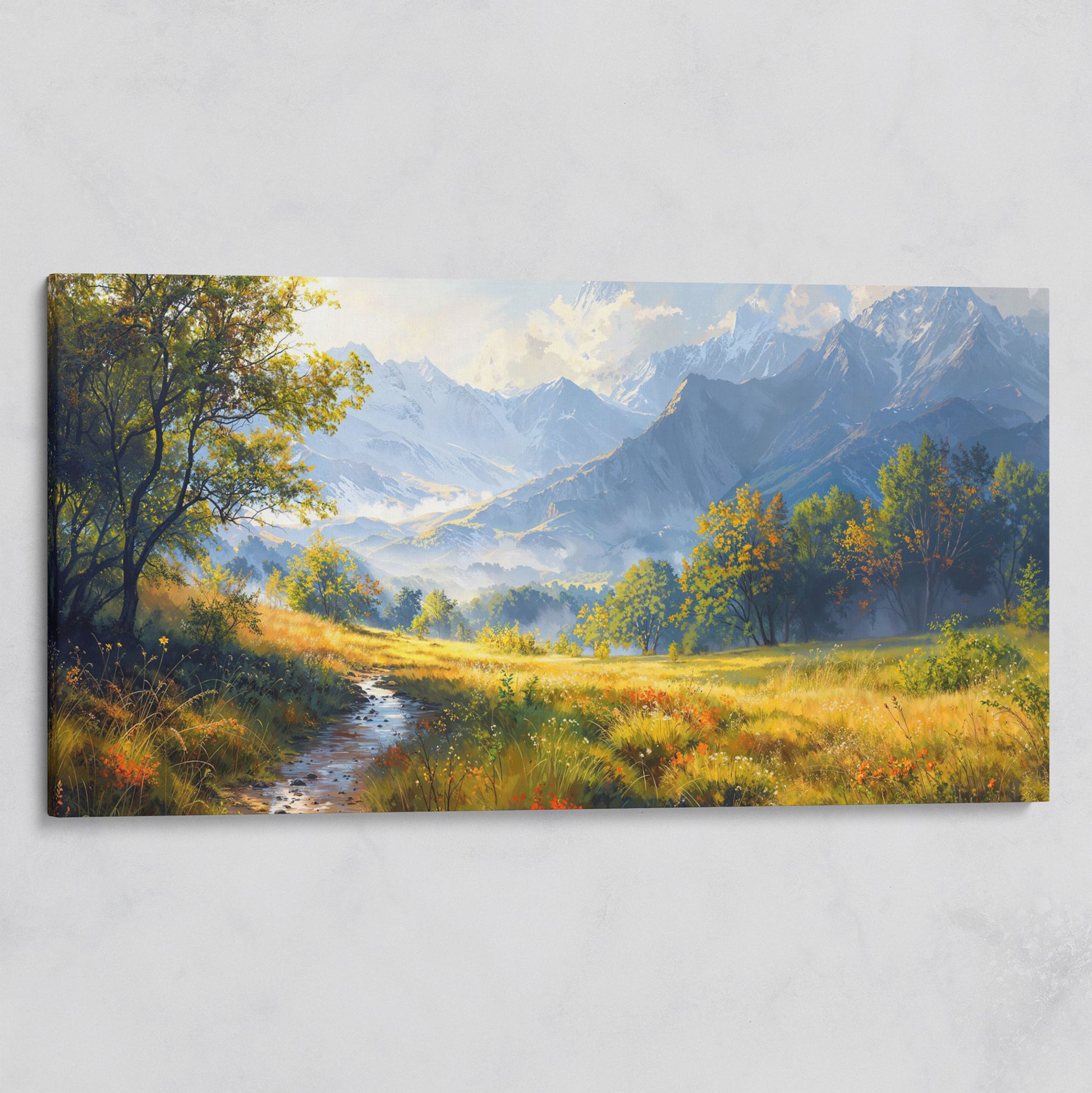 Mountain Landscape Canvas with Vibrant Meadow on gallery wrap