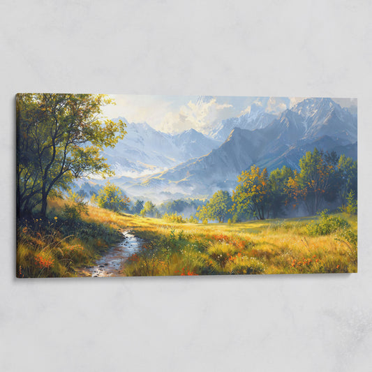 Mountain Landscape Canvas with Vibrant Meadow on gallery wrap