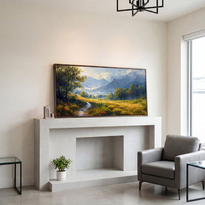 Mountain Landscape Canvas with Vibrant Meadow in dark walnut floating frame
