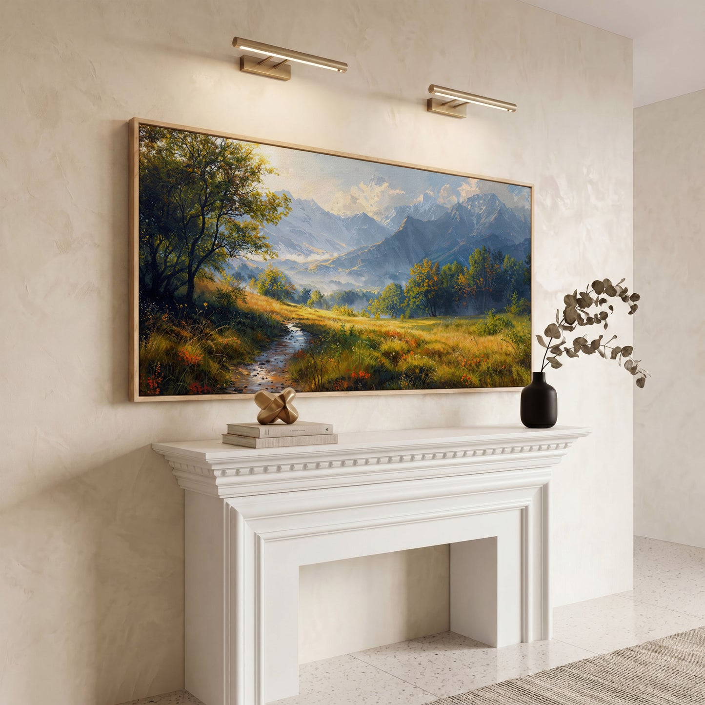 Mountain Landscape Canvas with Vibrant Meadow in white oak floating frame
