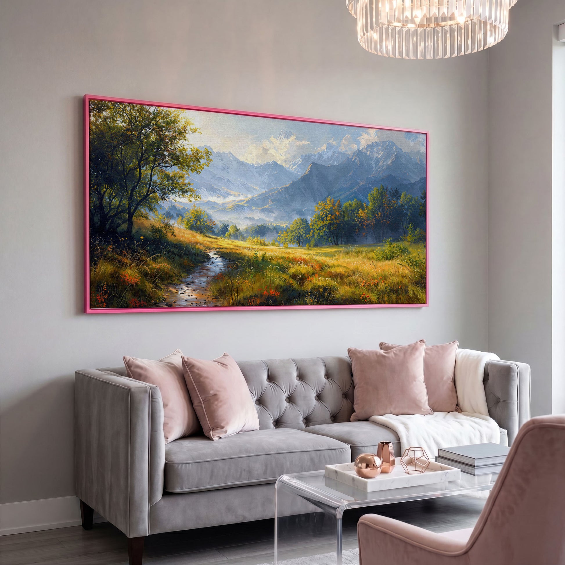 Mountain Landscape Canvas with Vibrant Meadow in pink floating frame
