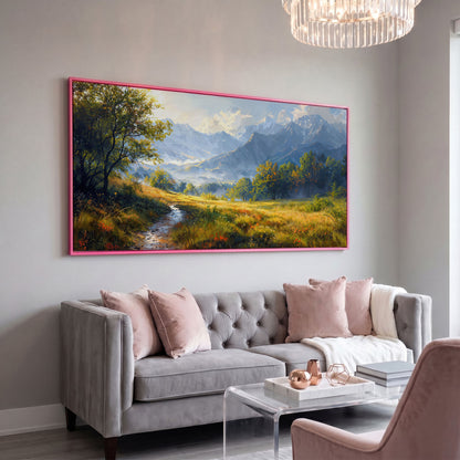 Mountain Landscape Canvas with Vibrant Meadow in pink floating frame