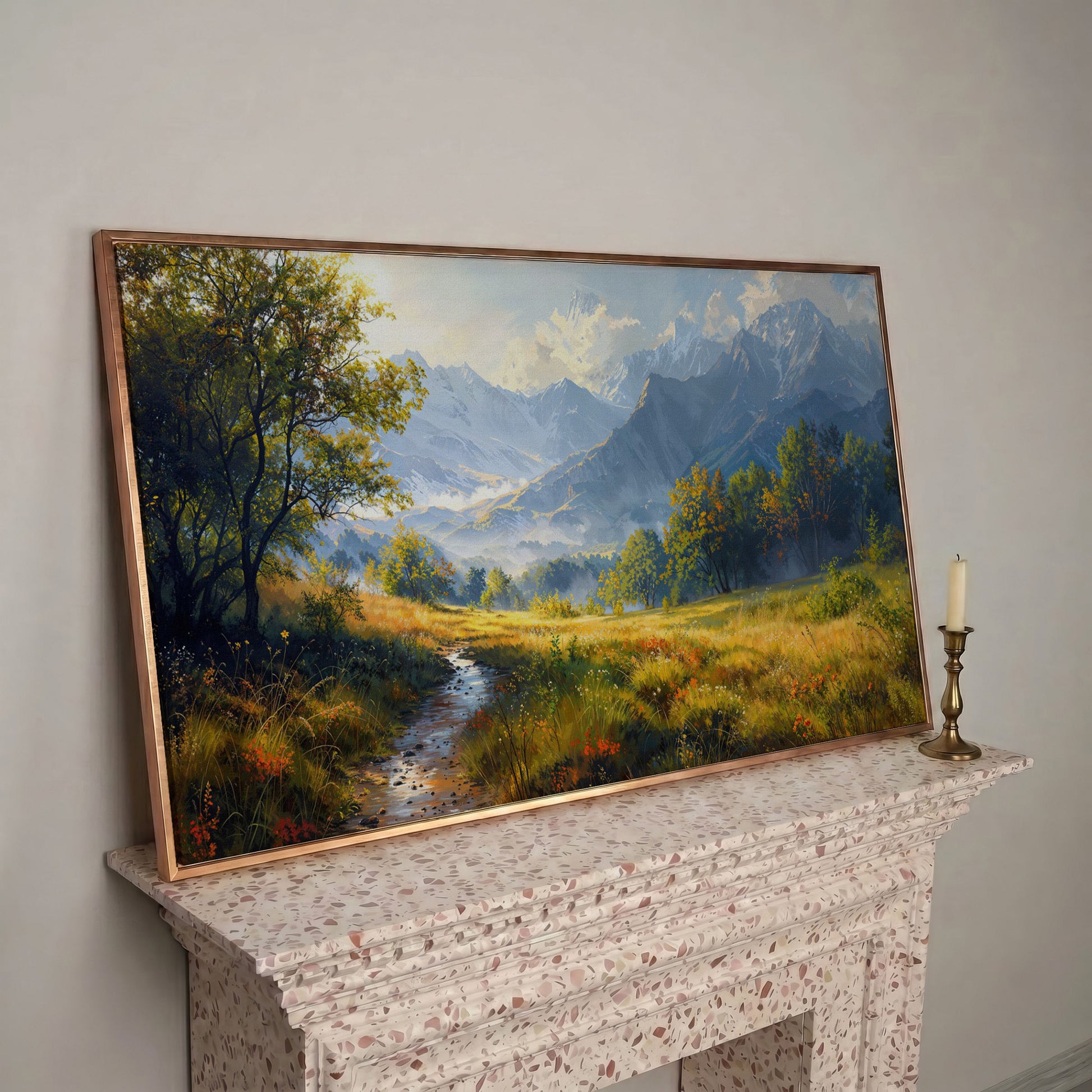 Mountain Landscape Canvas with Vibrant Meadow in rose gold floating frame