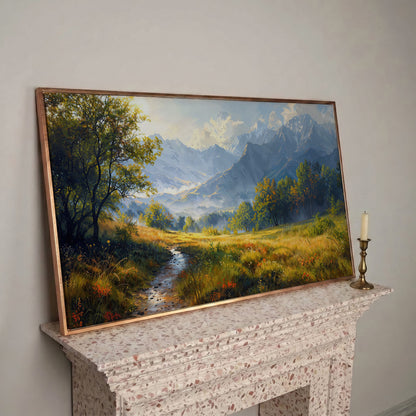 Mountain Landscape Canvas with Vibrant Meadow in rose gold floating frame