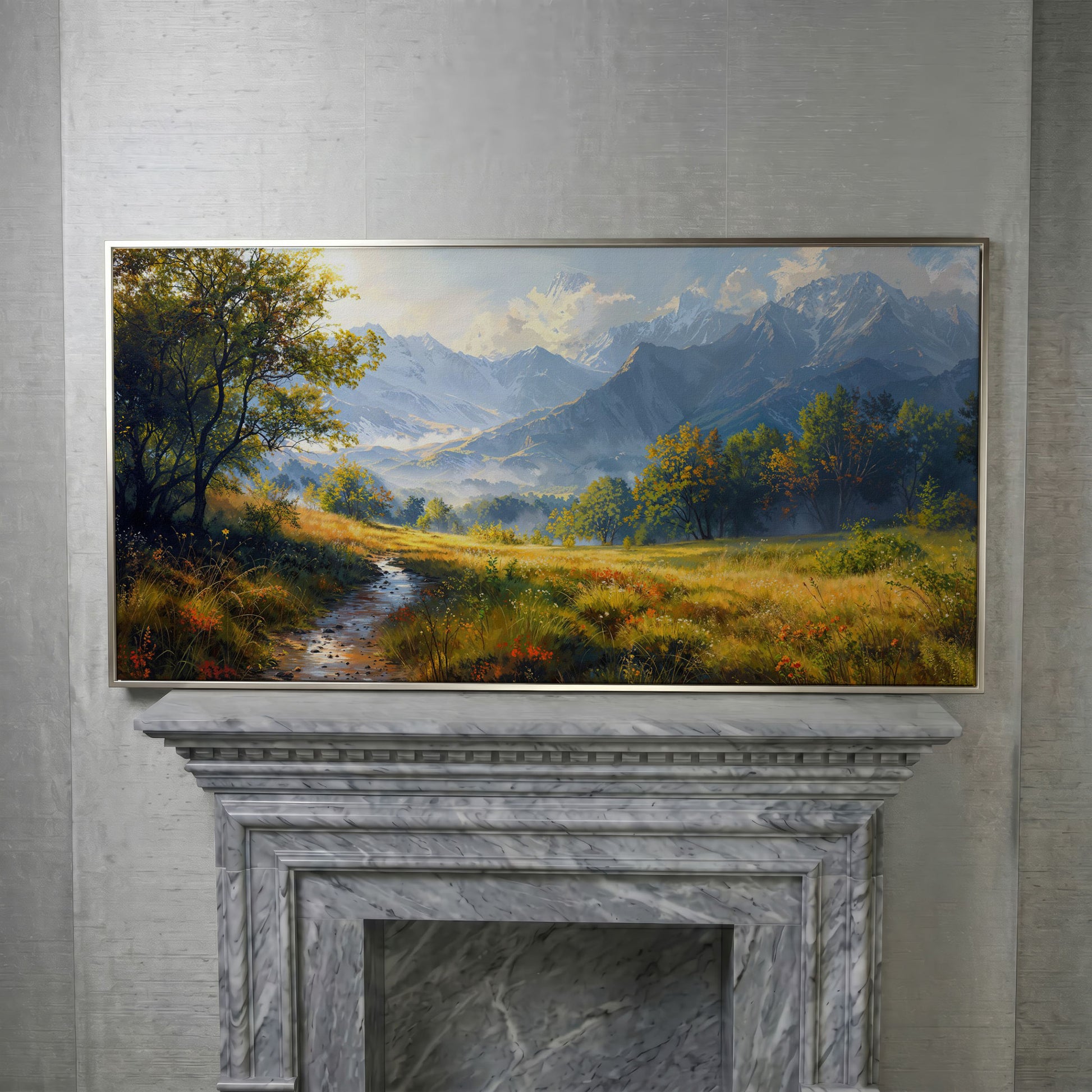 Mountain Landscape Canvas with Vibrant Meadow in silver floating frame